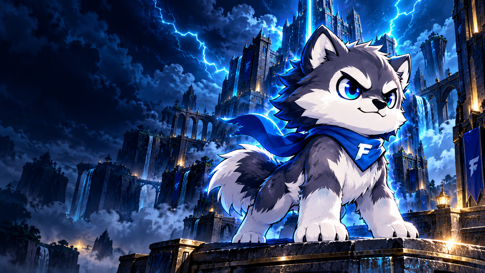 Ferrus, a gray and white wolf with blue eyes and a blue scarf, standing before a fortress lit by cyan lightning.